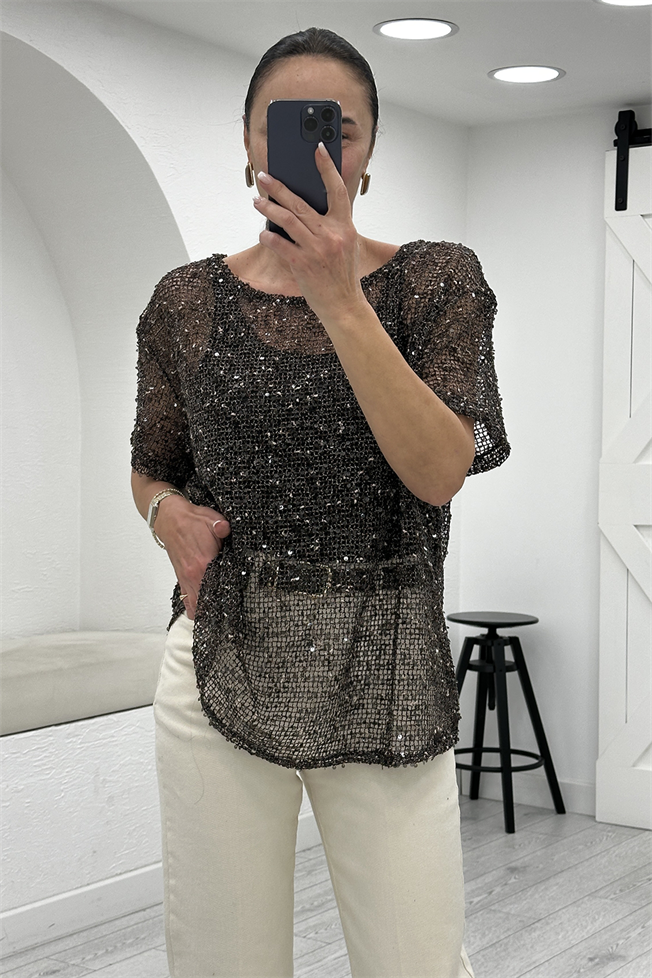 Acı Kahve Pullu Bluz 3701