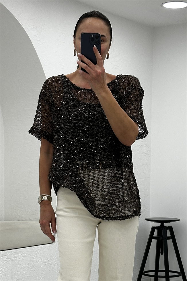 Acı Kahve Pullu Bluz 3701