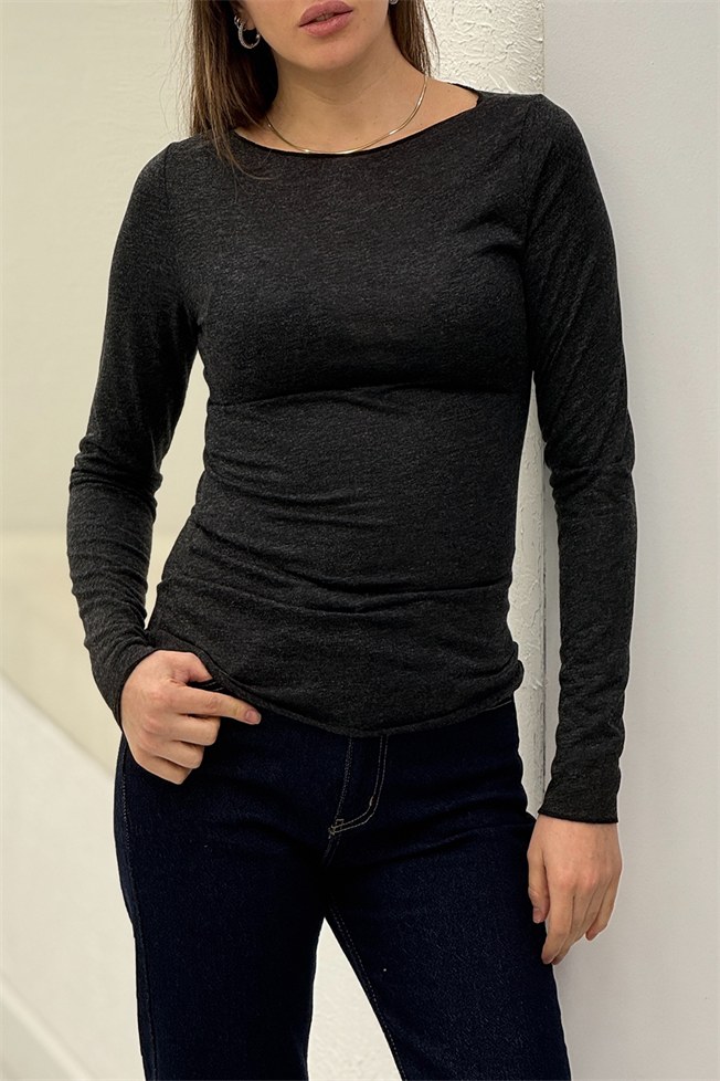 Antrasit Kayık Yaka Simli Transparan Bluz 6274