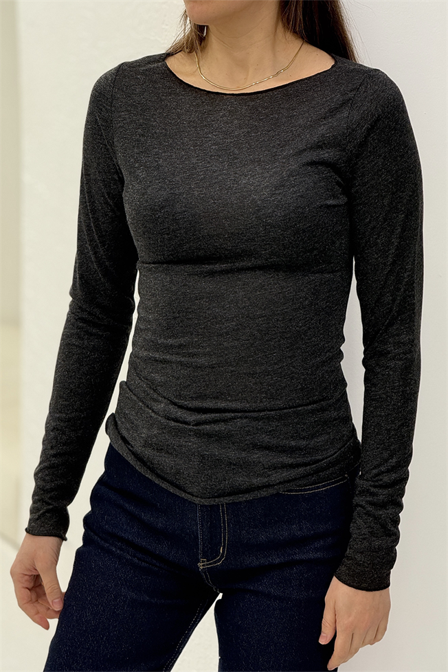 Antrasit Kayık Yaka Simli Transparan Bluz 6274