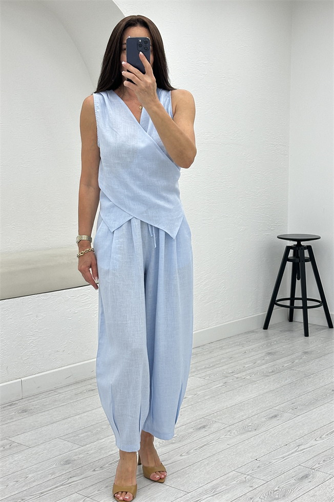 Bebe Mavisi Keten Bluz Pantolon Takım 7365