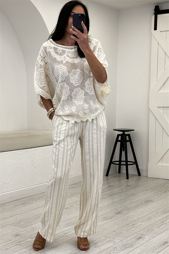 Bej Çizgili Kemerli Pantolon 0042