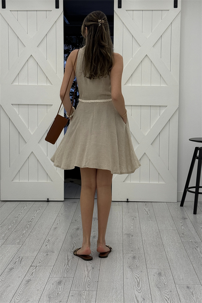 Bej Düğmeli Keten Elbise 36548