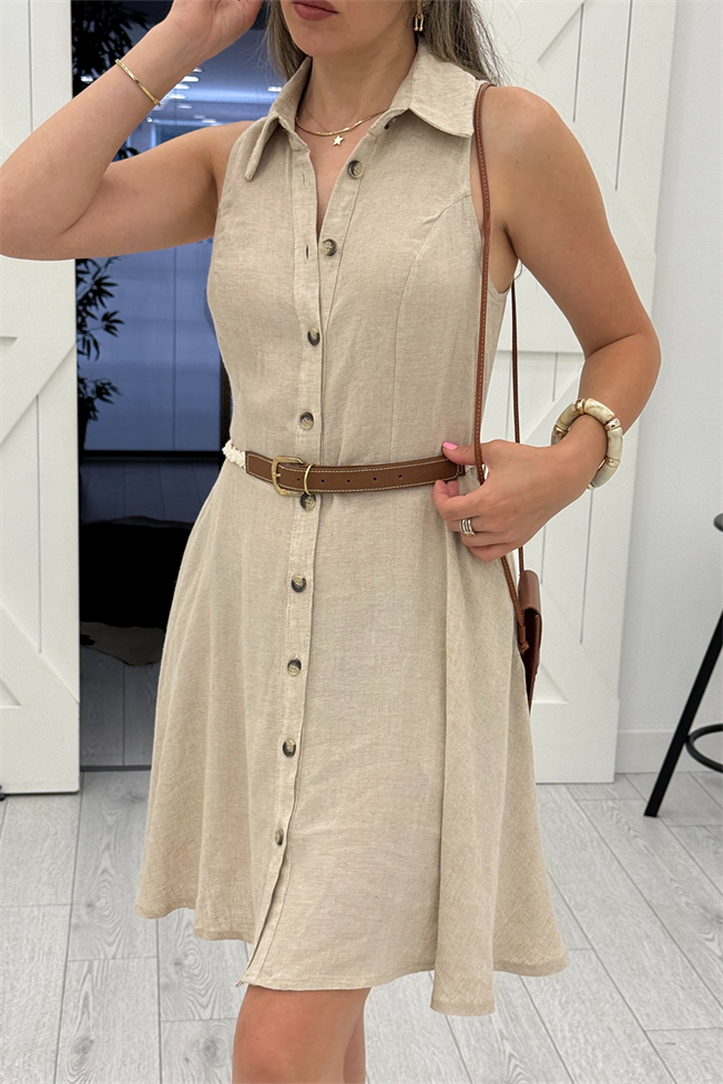 Bej Düğmeli Keten Elbise 36548