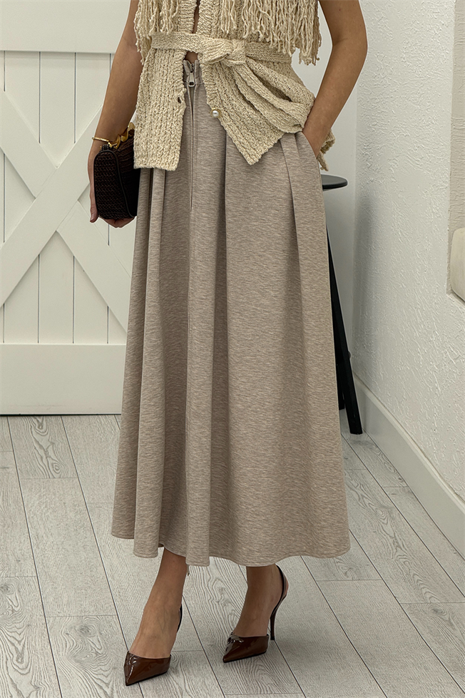 Bej Fermuarlı Kloş Etek 0024