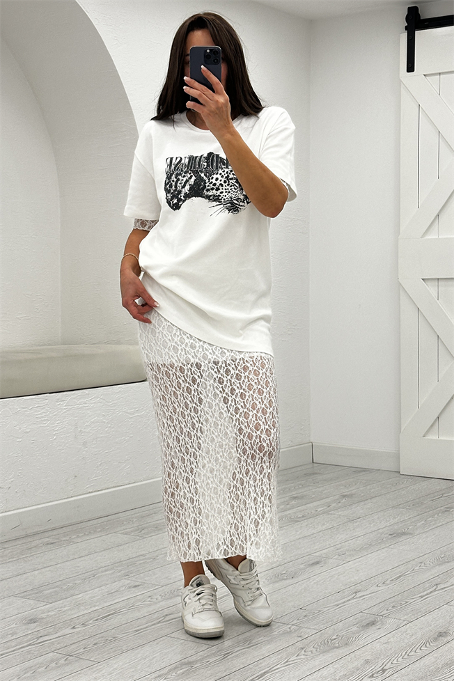 Beyaz Altı Dantel Elbise 8108