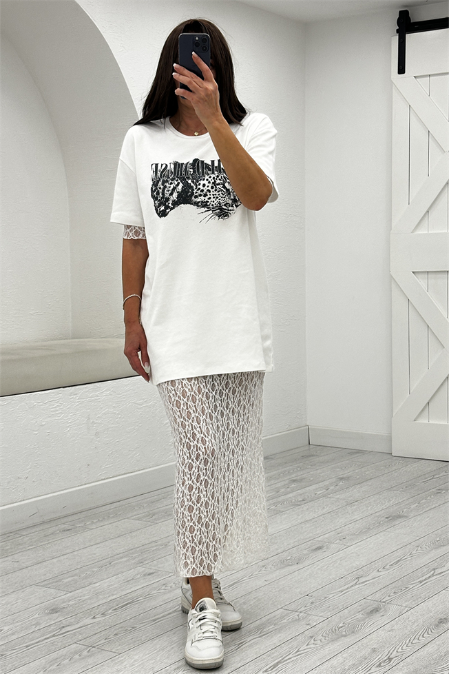 Beyaz Altı Dantel Elbise 8108