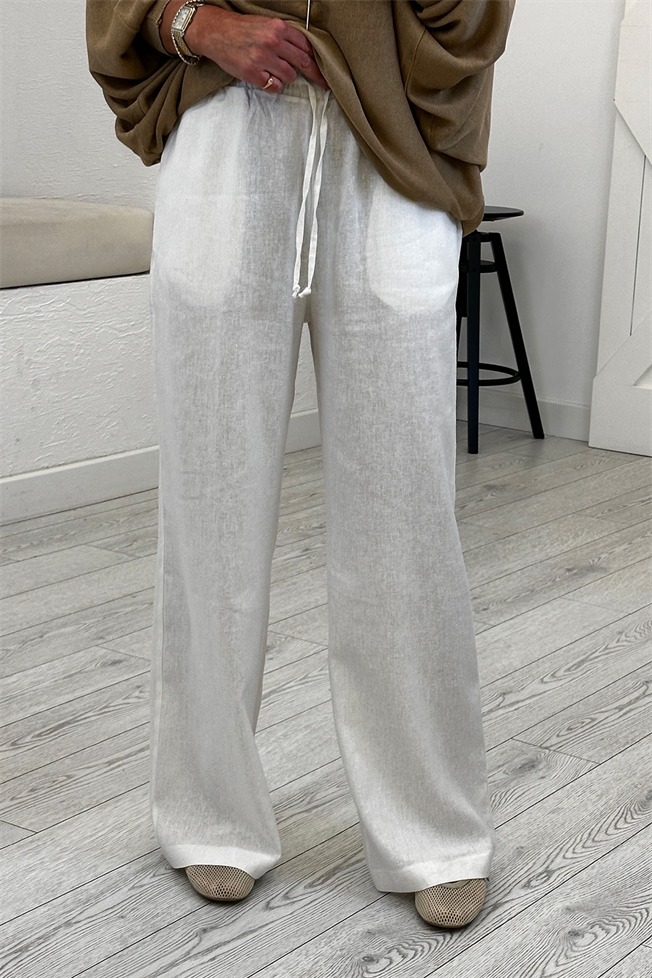 Beyaz Beli Bağcıklı Keten Pantolon 2842