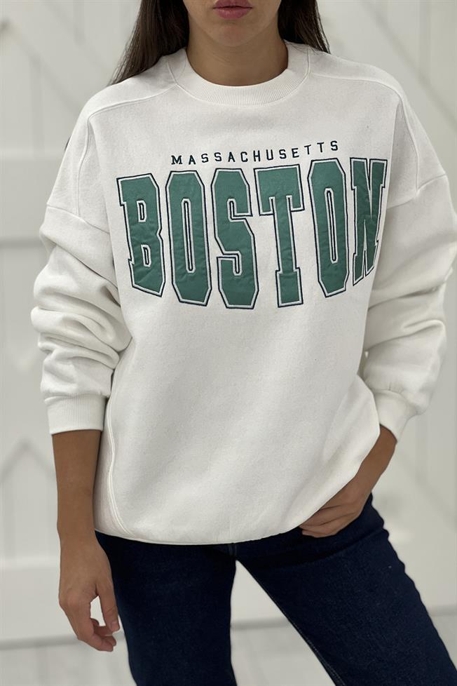 Beyaz Boston Nakışlı Şardonlu Sweatshirt 1344