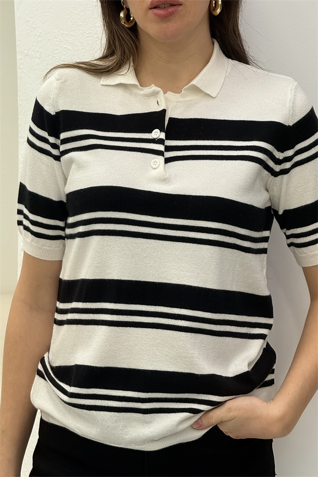 Beyaz Çizgili Polo Yaka Triko 4753