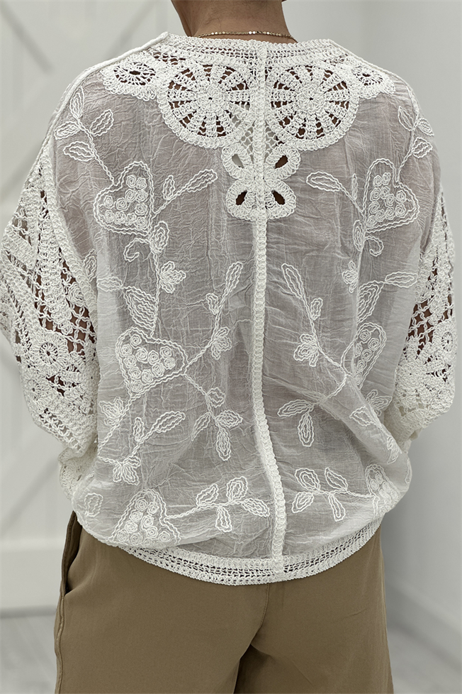 Beyaz Dantel İşlemeli Bluz 39727