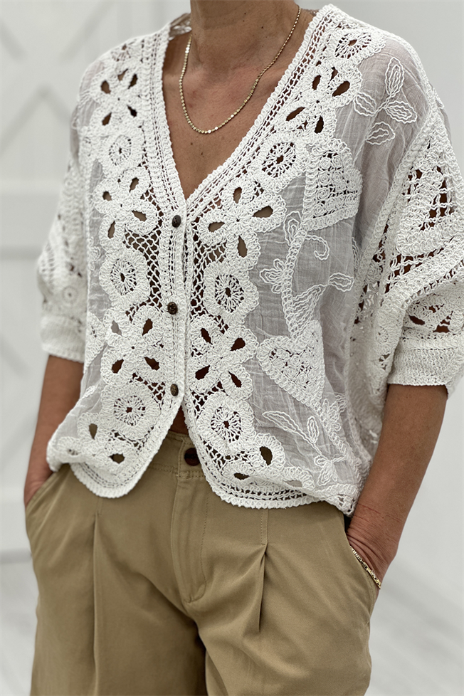 Beyaz Dantel İşlemeli Bluz 39727