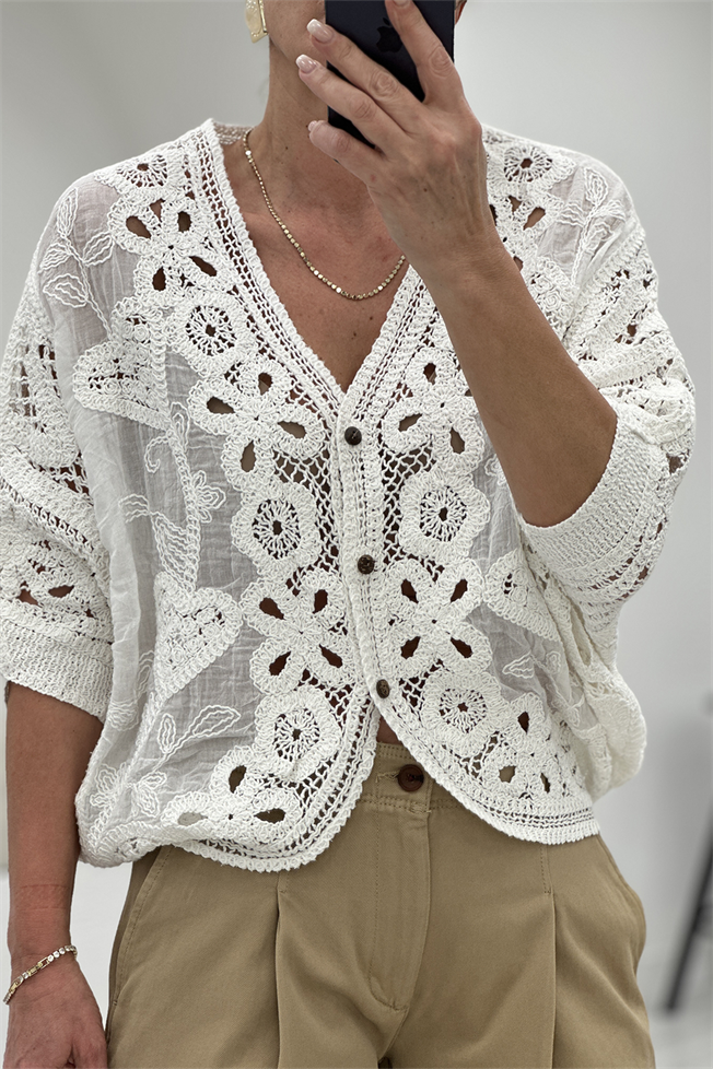 Beyaz Dantel İşlemeli Bluz 39727