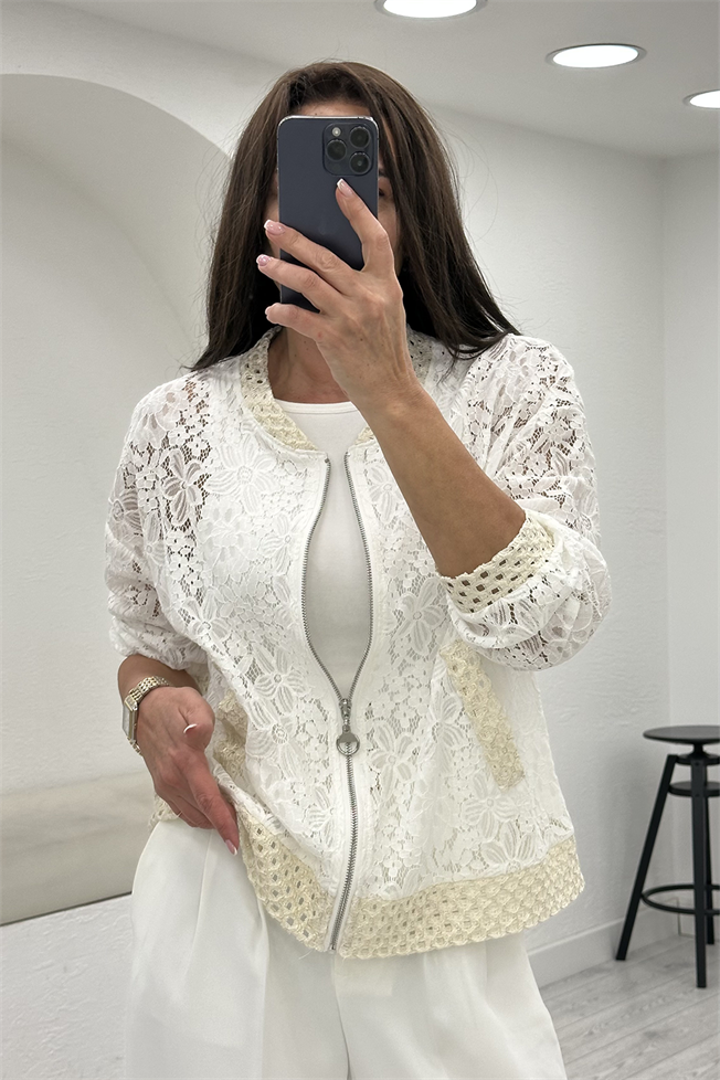 Beyaz Fermuarlı Dantelli Ceket 60550