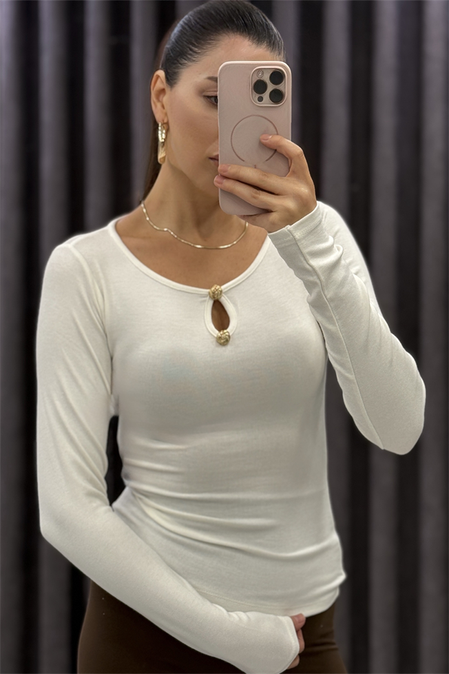 Beyaz Gold Düğme Detay Bluz 251053