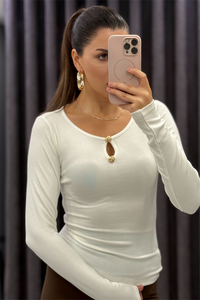 Beyaz Gold Düğme Detay Bluz 251053