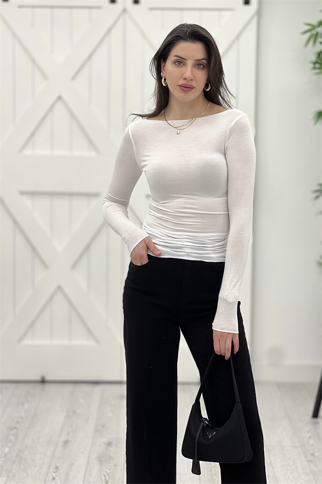 Beyaz Kayık Yaka Transparan Bluz 5187