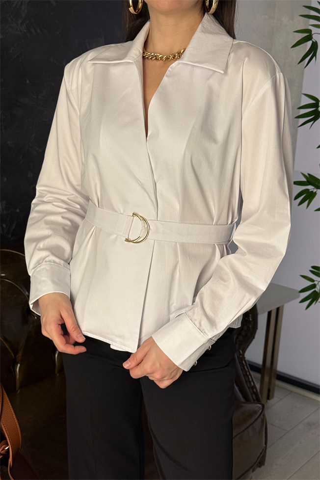 Beyaz Vatkalı Kemerli Poplin Gömlek 3533