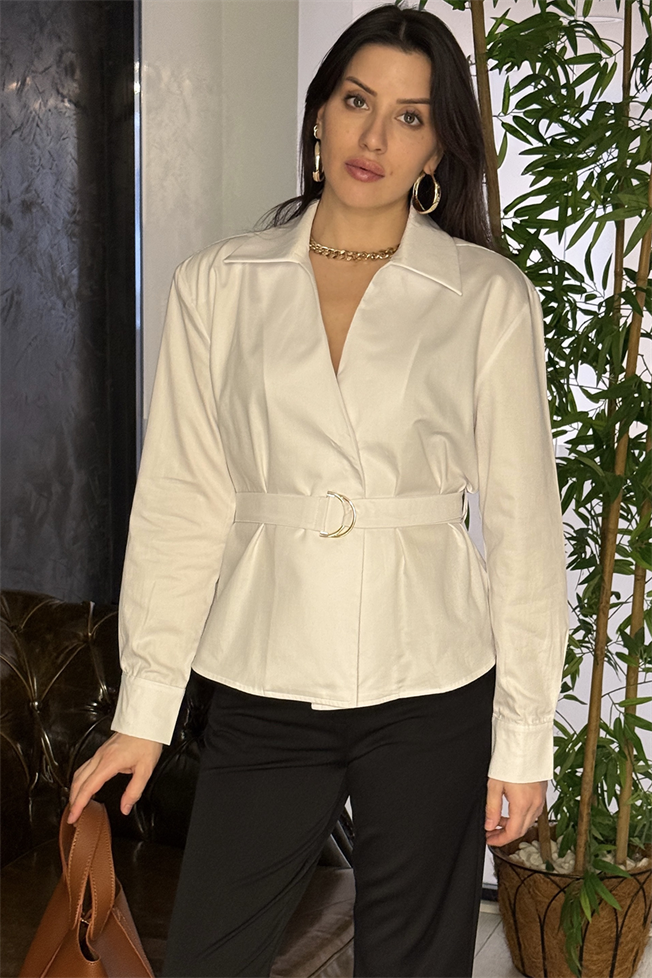 Beyaz Vatkalı Kemerli Poplin Gömlek 3533