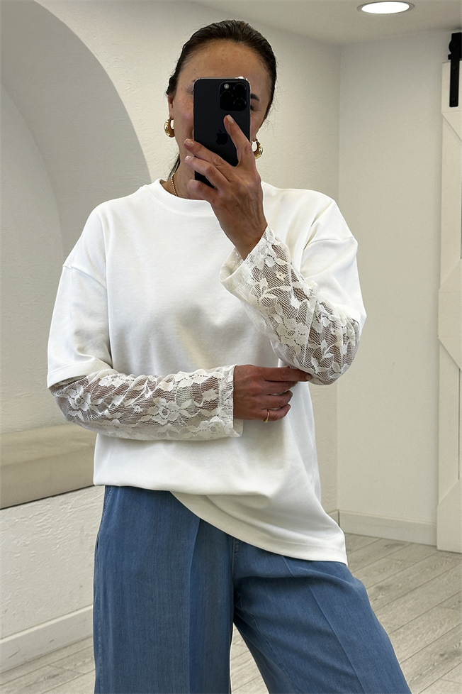 Beyaz Kol Dantelli Bluz 0886