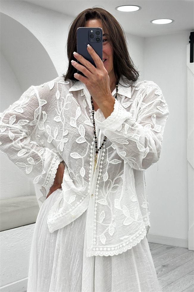 Beyaz Yaprak Desenli Gömlek 39719