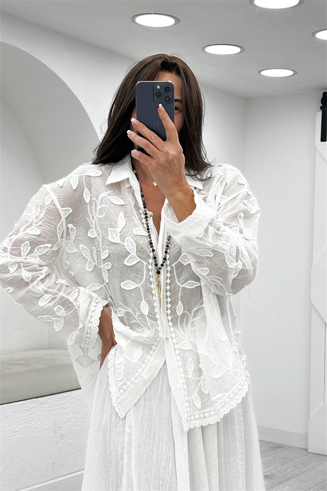 Beyaz Yaprak Desenli Gömlek 39719