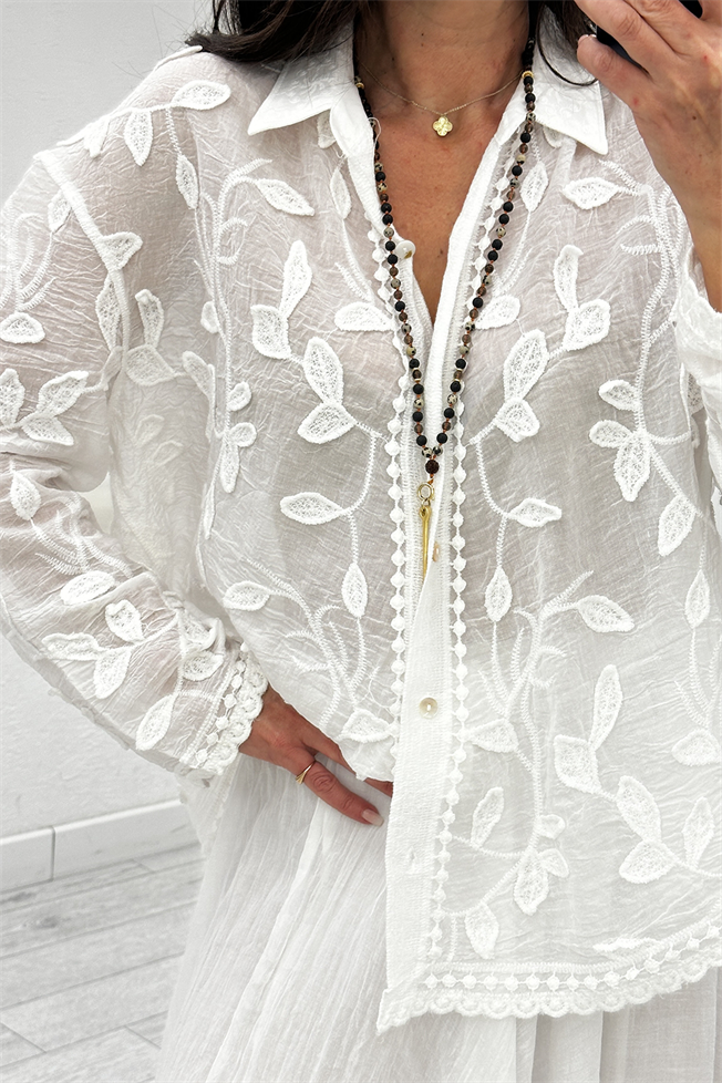Beyaz Yaprak Desenli Gömlek 39719