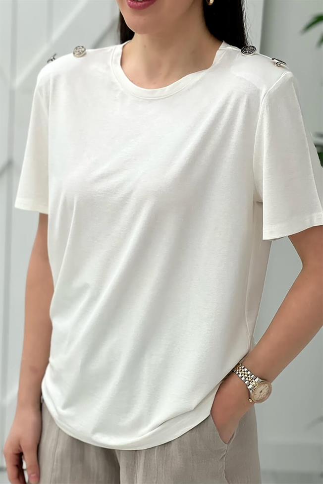 Beyaz Omuz Düğme Detay Tshirt 14330