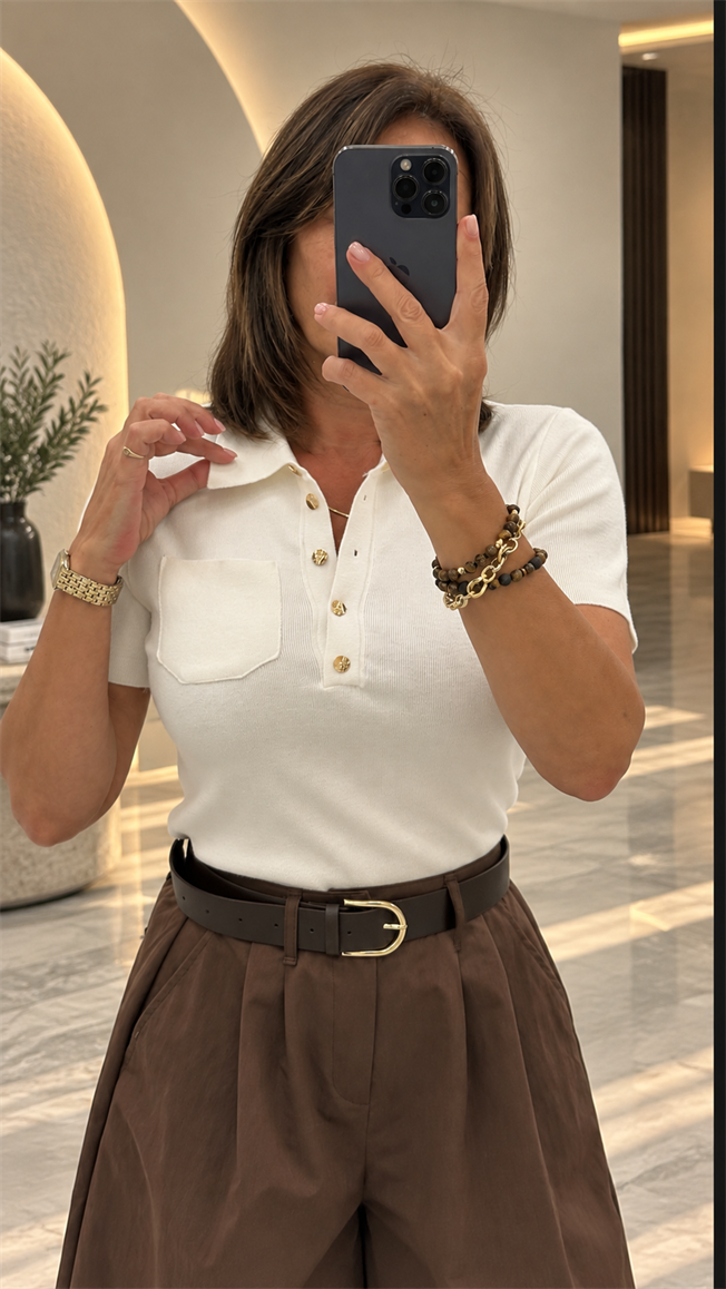 Beyaz Polo Yaka Düğmeli Triko 140796