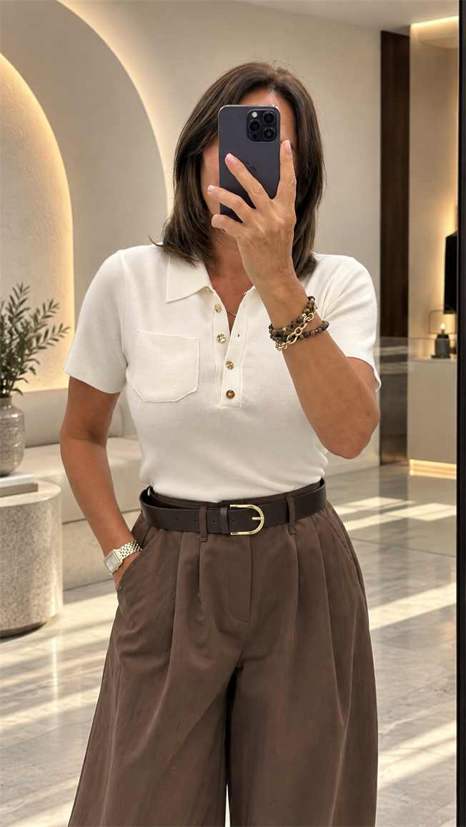 Beyaz Polo Yaka Düğmeli Triko 140796