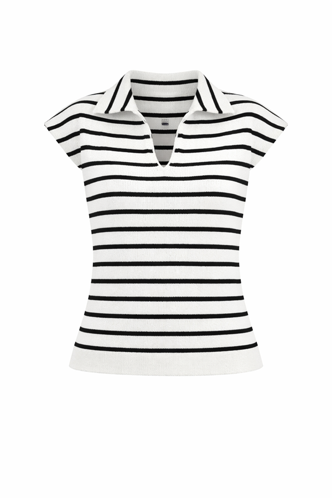 Beyaz-Siyah Çizgili Polo Yaka Triko 3671