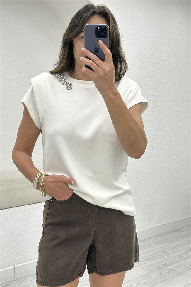 Beyaz Taşlı Tshirt 3942