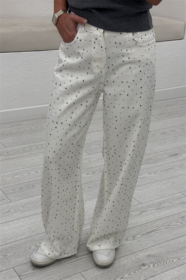 Beyaz Taşlı Wide Leg Jean 0026