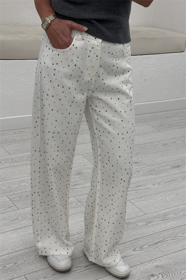 Beyaz Taşlı Wide Leg Jean 0026