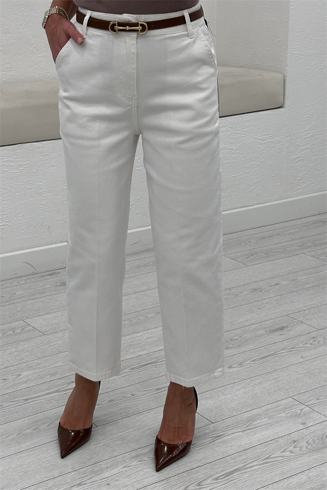 Beyaz Yüksek Bel Tensel Baggy Jean 3001