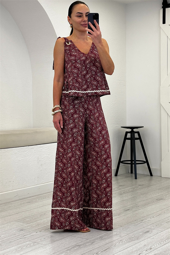 Bordo Etnik Desenli Bohem Takım 03051