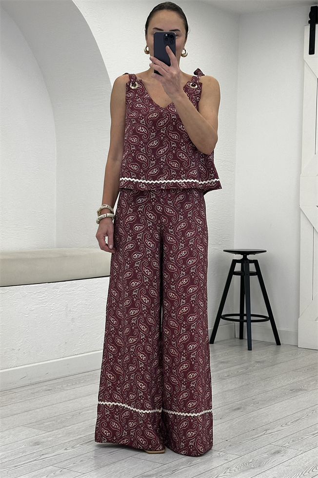 Bordo Etnik Desenli Bohem Takım 03051