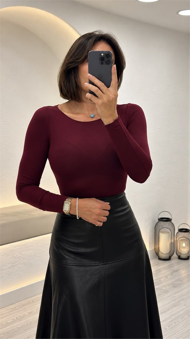 Bordo Kayık Yaka Transparan Bluz 5187