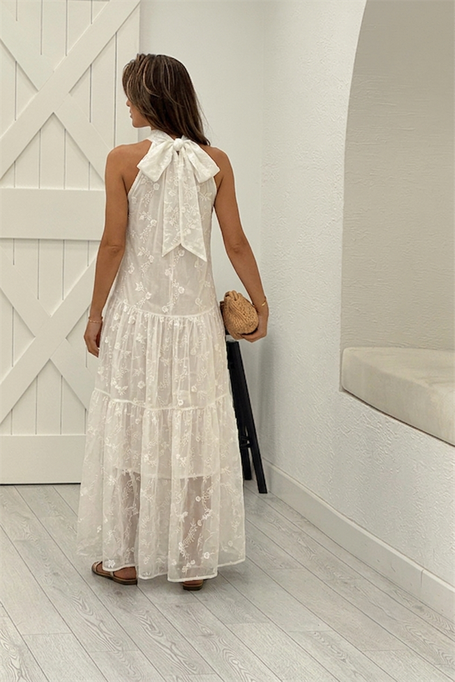 Ekru Çiçek Nakışlı Elbise 3974