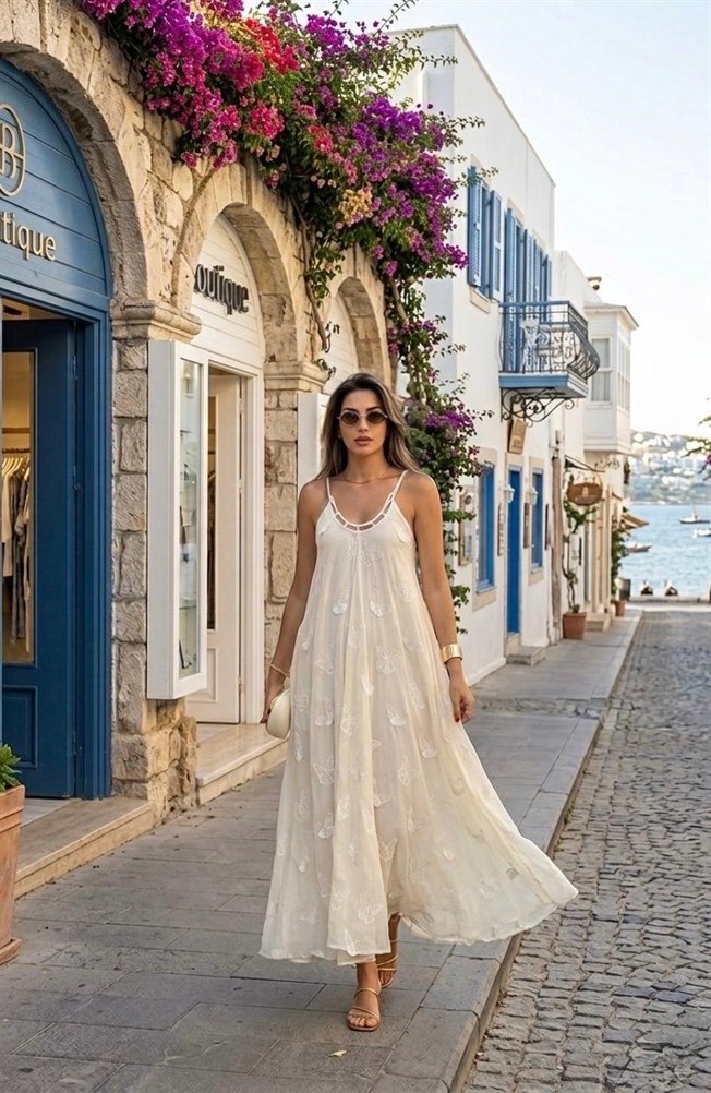 Ekru Kelebek Nakışlı Elbise 39816