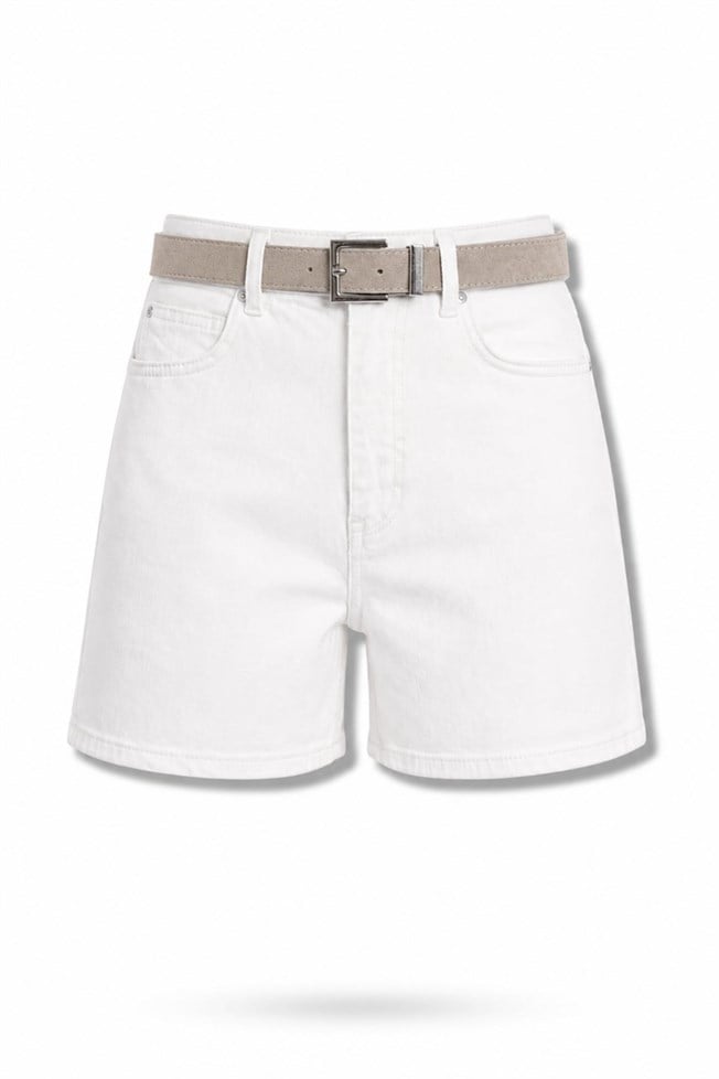 Ekru Kemerli Denim Şort 1017