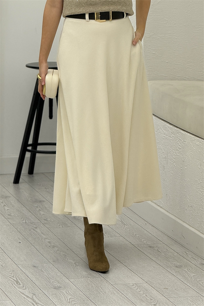 Ekru Kemerli Örme Verev Etek 7716