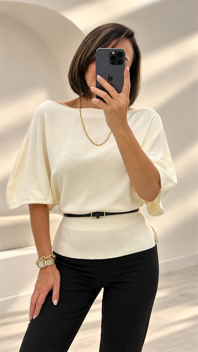 Ekru Kemerli Triko Bluz 251375