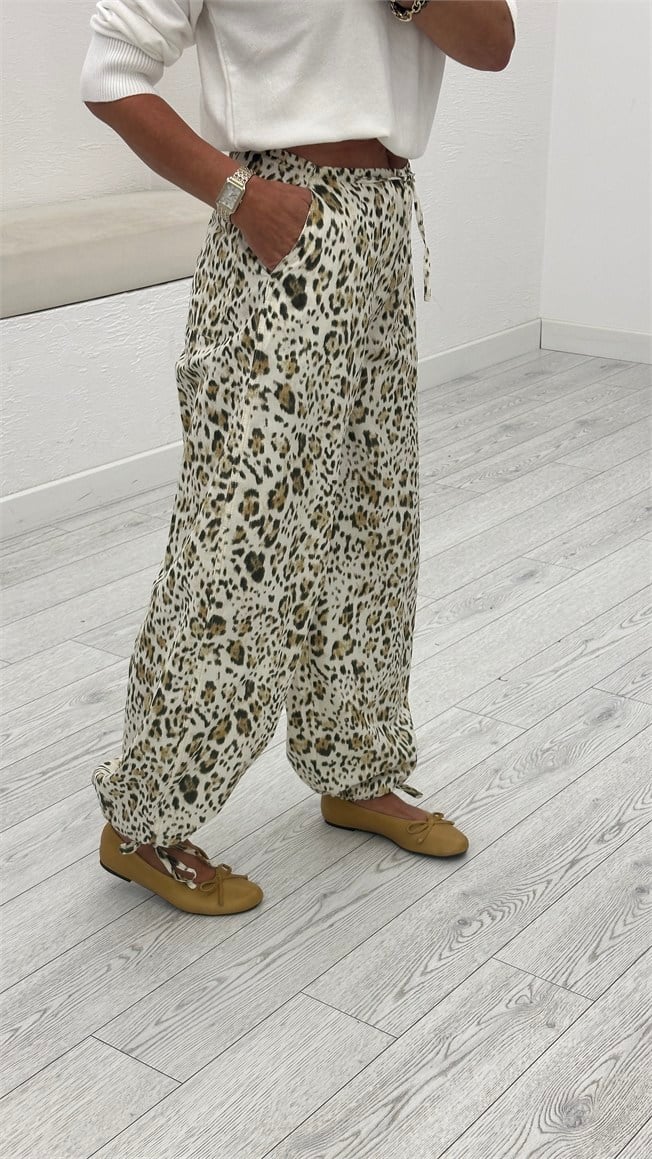 Ekru Leopar Desen Pantolon 19144