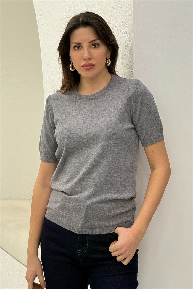 Gri Kısa Kol Bisiklet Yaka Triko 4579