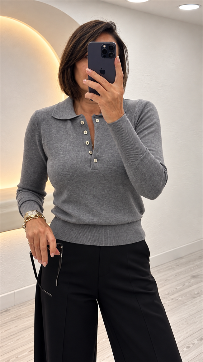 Gri Polo Yaka Lyocell İplik Triko 4313