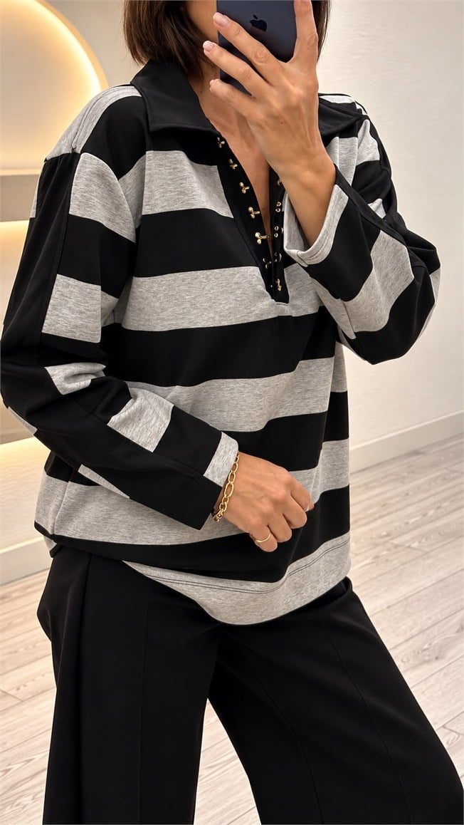 Gri-Siyah Polo Yaka Çizgili Sweatshirt 4321