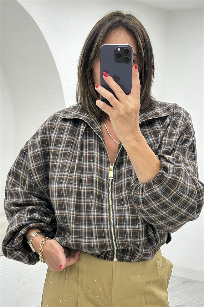 Haki Dik Yaka Ekose Bomber Ceket 9784