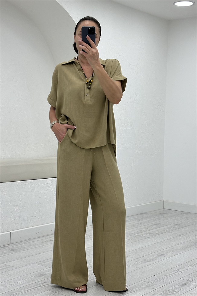 Haki Keten Bluz Pantolon Takım 00547