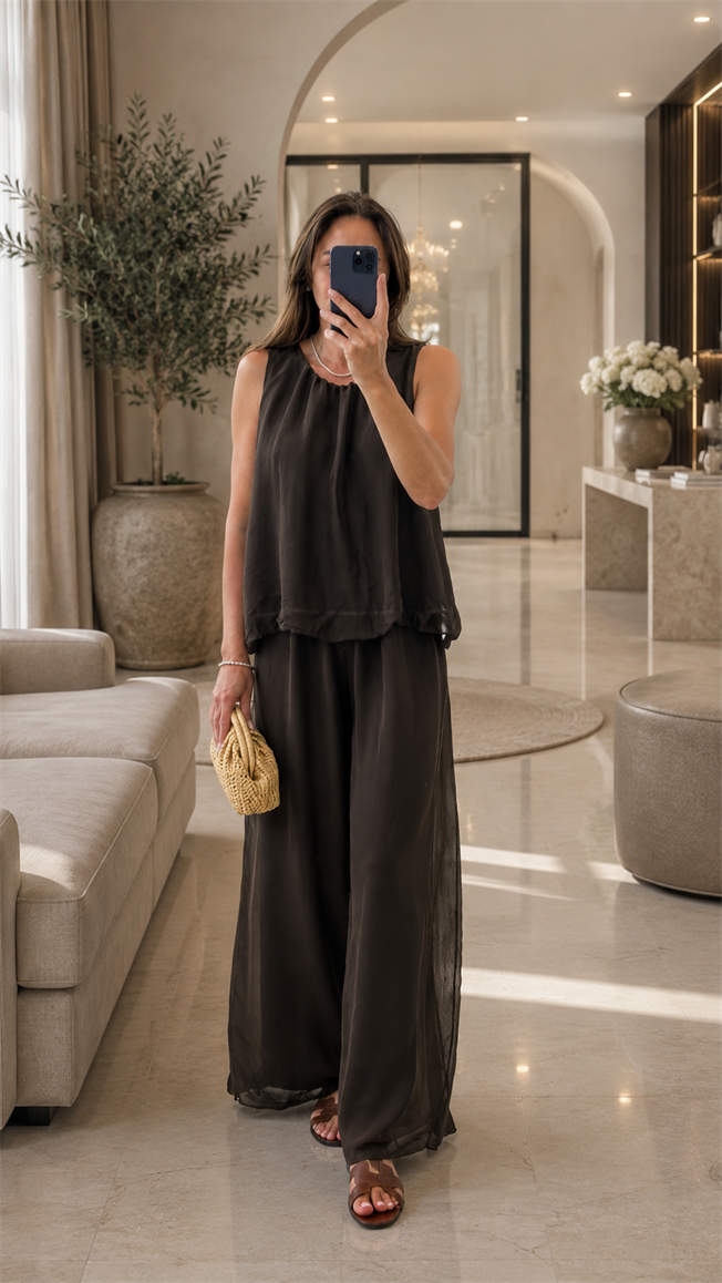 Kahverengi İpek Bluz Pantolon Takım 7622